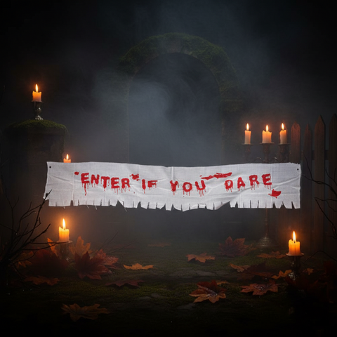 Weiße banner mit roten blutigen tropfenden buchstaben enter if you dare 180 cm horror dekoration