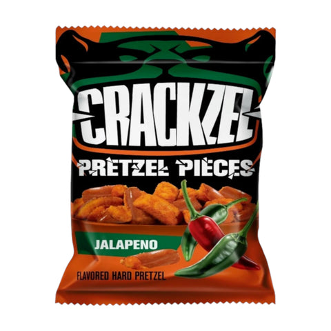 Orange und schwarz verpackte Crackzel jalapeño gewürzte harte Bretzelstücke 85g für würzigen snackgenuss