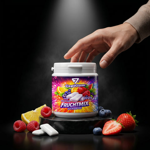 Ein bunter zuckerfreier capigum fruchtmix kaugummibecher mit weißem deckel und fruchtbild auf dem etikett