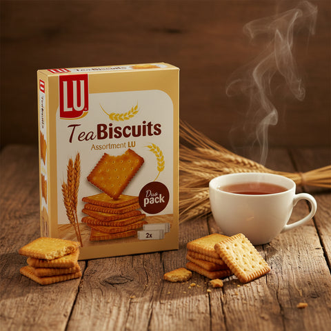 Golden-braune lu teegebäck in glänzendem gold-weißem paket mit weizenähren und duo pack label 2x 154g