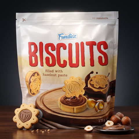Weiße wiederverschließbare packung fundies biscuits mit roten schriftzug und haselnusscreme gefüllten blumenförmigen keksen