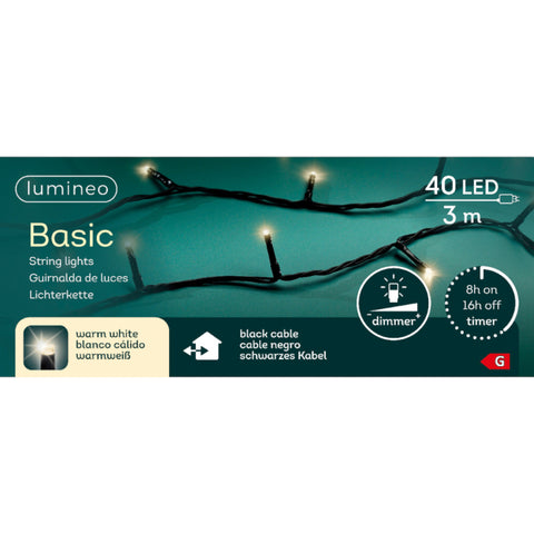 Eine 40er led-kette basic warmweiß mit schwarzem flexiblen kabel in zwei fallenden strängen vor neutralem hintergrund