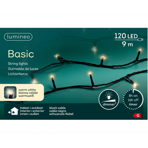 A string of 120LED warm white fairy lights with black flexible wire in two cascading strands on neutral background