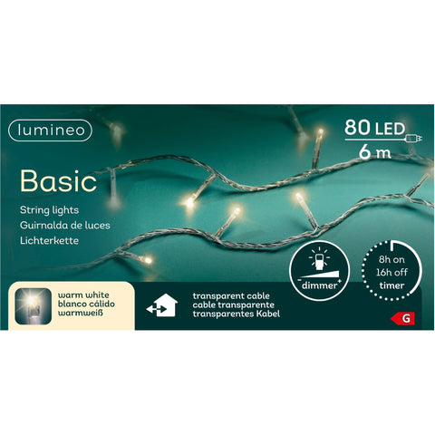 Lumineo basic led-kette mit 80 warmweißen leds auf transparentem kabel 6 meter lang