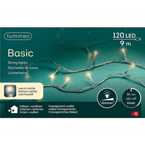 Lumineo basic string lights with 120 warm white leds on a 9m transparent cable for cozy lighting