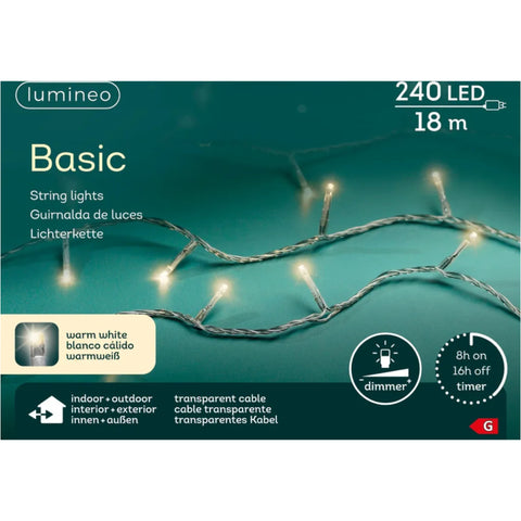 Lumineo basic led-lichterkette mit 240 warmweißen leds auf 18 meter transparentem kabel für innen und außen