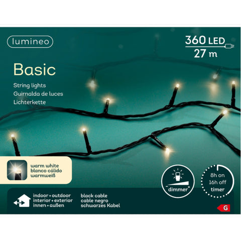 Led-lichterkette basic 360l 27m mit warmweißen led-lichtern und schwarzem flexiblen draht in zwei kaskadensträngen