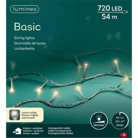 Lumineo basic string lights with 720 warm white leds on transparent cable for indoor and outdoor use 54m long