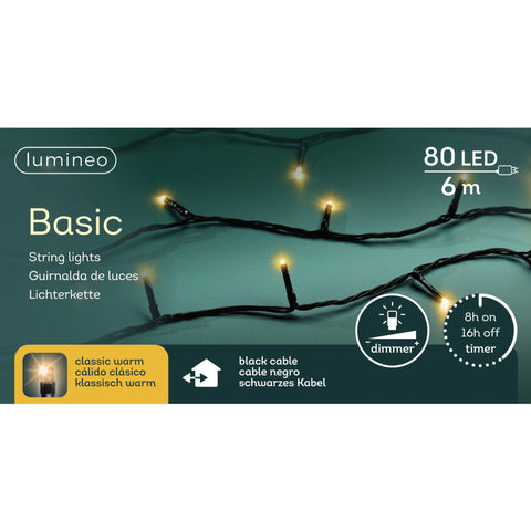 Led-kette basic klaw/trans mit schwarzem gedrehtem kabel und 80 warmweißen leds, 6 meter lang
