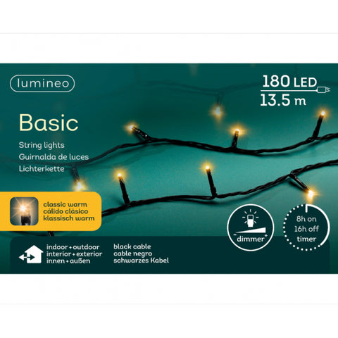 Lumineo basic lichterkette mit 180 warmweißen leds auf schwarzem kabel mit dimmer und timer funktion