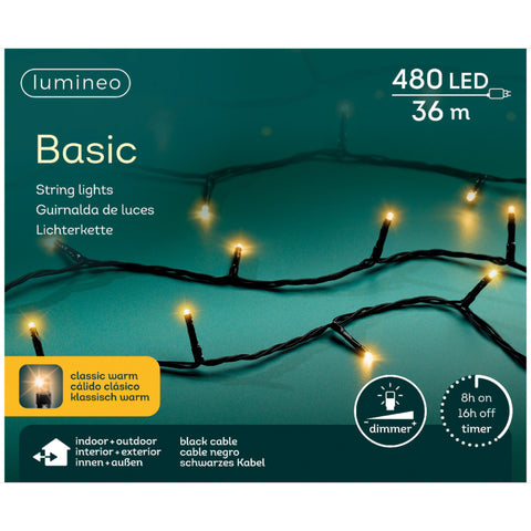 Lumineo led-kette basic schw klaw mit 480 warmweißen leds auf schwarzem kabel für innen und außen, 36 meter lang
