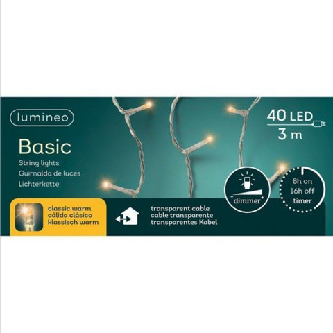 Led-kette basic klas/trans von lumineo mit 40 warmweißen leds auf transparentem kabel, 3 meter lang