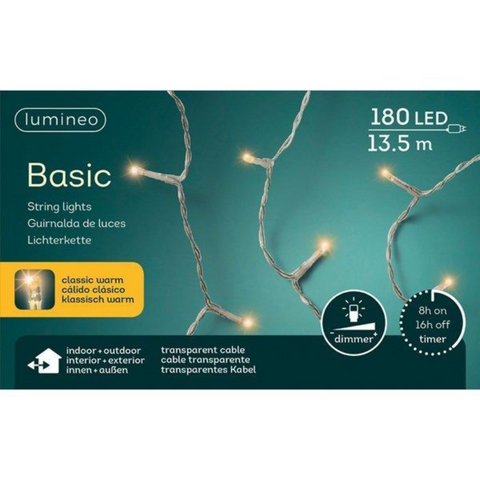 Lumineo basic 180 led-lichterkette mit warmweißen leds auf transparentem kabel 13,5 meter lang