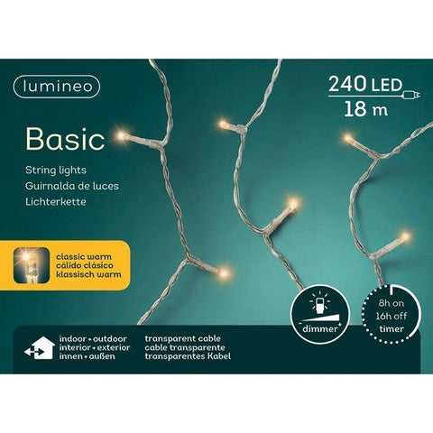 Lumineo basic led-lichterkette mit 240 warmweißen leds auf 18 m transparentem kabel mit dimmer und timerfunktion