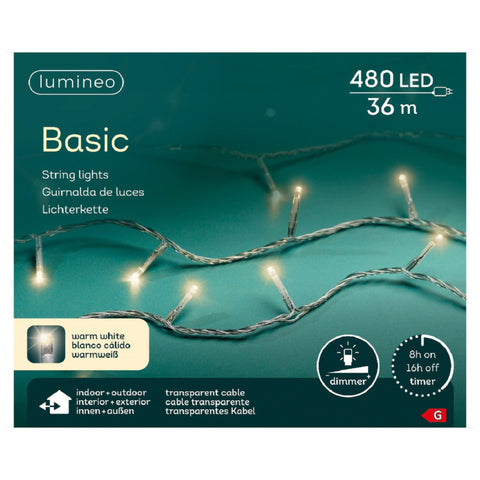 Led-kette basic trans von lumineo mit 480 warm weißen leds auf transparentem kabel für 36 meter lang