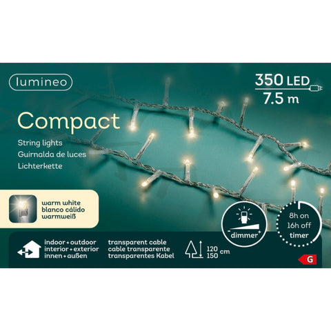Lumineo 350-led-kette compact mit 350 warmweißen leds auf transparentem kabel für indoor und outdoor nutzung