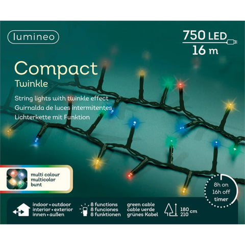 Lumineo compact twinkle string lights with 750 multicolored leds on green cable with twinkling effect and timer function