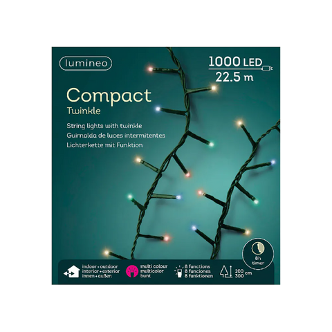 Lumineo 1000led- kette compact twinkle mit 1000 mehrfarbigen led- glühbirnen für innen und außen, 2250 cm lang