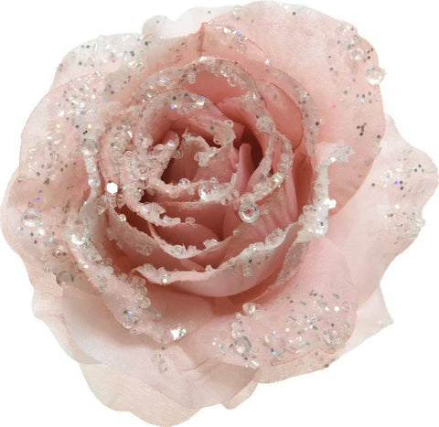 Eine zarte rosa rose auf clip 14 cm verziert mit glitzernden klaren perlen und glitter