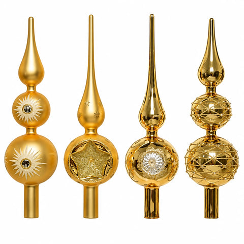 Baumspitze glas gold hell gold 8x31cm mit goldenen weihnachtsbaumspitzen und filigranen mustern und verzierungen