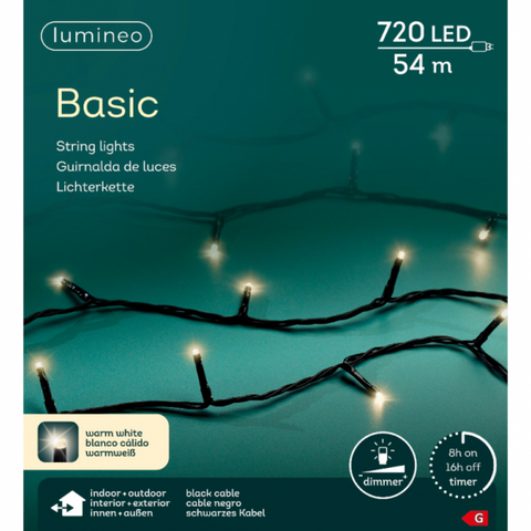 Lichterkette led basic 720er von lumineo mit 720 warmweißen leds auf schwarzem kabel mit dimmer und timerfunktion
