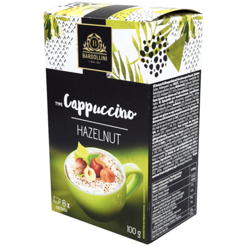 Bardollini cappuccino haselnuss tee 100g mit grün schwarzer verpackung und blätterdesign zeigt getränk mit nuss topping