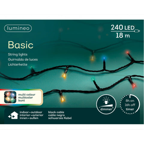 Led-kette basic mit 240 mehrfarbigen leds auf 18 meter schwarzem kabel von lumineo