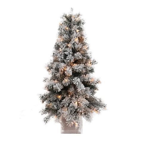 Baum mit led künstlicher frostiger grüner weihnachtsbaum mit warmweißen lichtern und quadratischer silberner basis