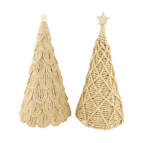 Zwei beige geflochtene baum christbaumschmuck ornamente 18x38 cm mit weißen kugel und stern aus holz