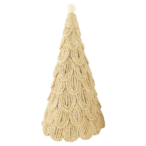 Beige geflochtener dekorativer weihnachtsbaum aus seil mit weißem kugelaufsatz 18x38 cm