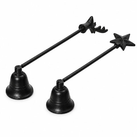 Schwarze aluminium kerzenlöscher mit dekorativen griffen in rentier- und sternform