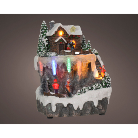 Led szene farbwechsel indoor häuschen mit mehrstöckigem weihnachtsdorf, schneebedecktem steinhaus und beleuchteten eiszapfen