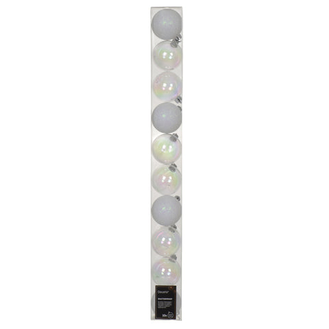 A pack of ten iridescent white 6cm kugel polystyrene christmas ornaments with silver caps in a clear plastic sleeve
