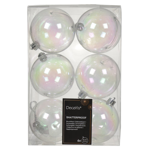 Klarer kugel polystyren weihnachtsbaumschmuck mit irisierendem regenbogenschimmer und silbernen kapseln 8cm