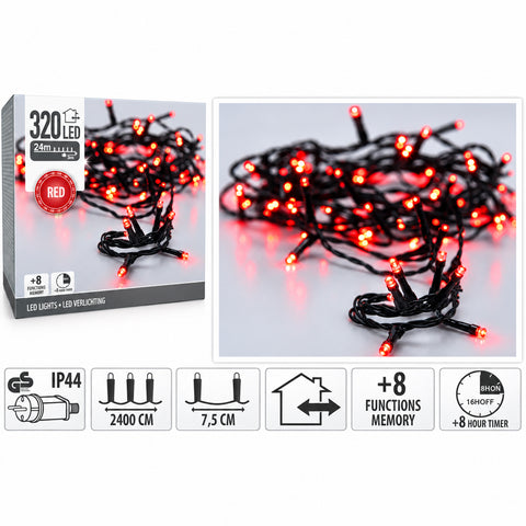 Led-lichterkette rot mit 320 roten led-lampen und schwarzer schnur für festliche dekoration