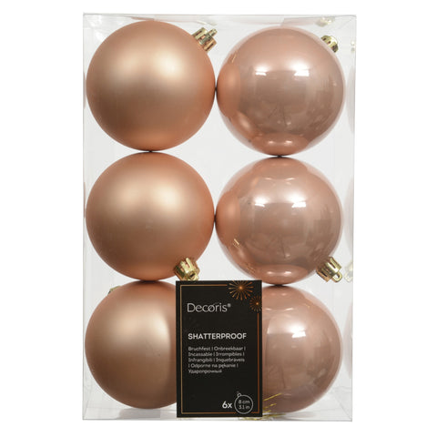 Sechs roségold shatterproof weihnachtskugeln aus polystyren im 8 cm große klarverpackung peach pearl mix