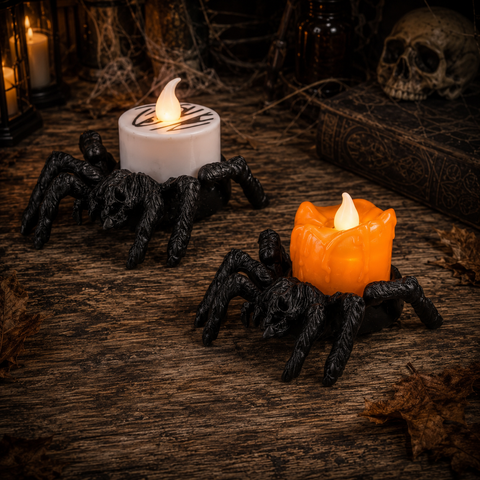 Led-teelicht spinne mit schwarzen spinnenförmigen kerzenhaltern und weißen sowie orangen led-kerzen