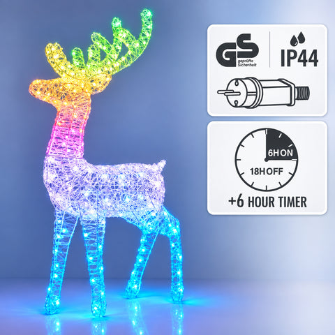 Rentier 120cm acryl led rentier leuchtfigur mit regenbogenfarbenen led-lichtern und drahtgitterstruktur