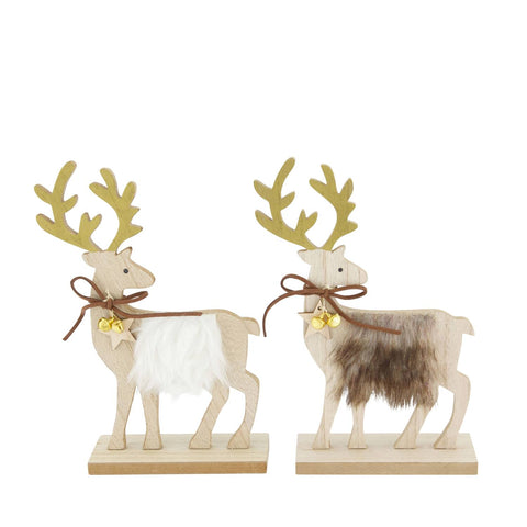 Rentierfigur aus mdf 14.5x5x21cm natur mit zwei holzfiguren, goldenen geweihen, braunen schleifen und kleinen glöckchen