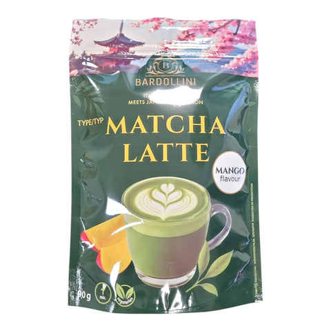 Bardollini matcha latte mango 90g in glänzend grünem beutel mit herzförmigem schaumkunst und kirschblütendesign