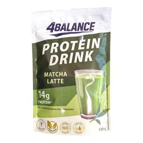 Ein eleganter silberner und grüner beutel 4balance matcha latte protein drink 120g mit glänzendem finish und nahrwerticons