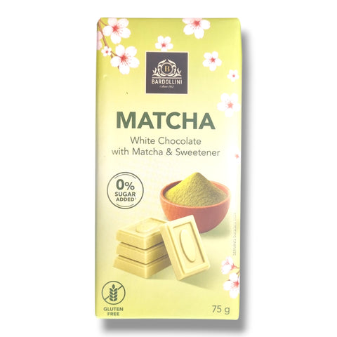 Ein blassgrüner rechteckiger weißer schokoladenriegel mit matcha und süßstoff in einer verpackung mit kirschblütenmotiven von bardollini