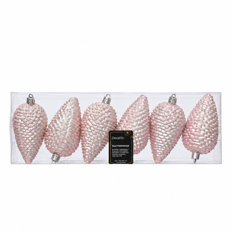 Set mit sechs rosa glitzernden, bruchfesten zapfen weihnachtskugeln in klarer verpackung 4,5x8 cm