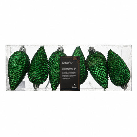 Sechs grüne, bruchfeste zapfen weihnachtskugeln mit glitzereffekt in transparenter verpackung 4,5x8cm