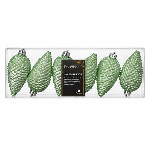 Set aus sechs mintgrünen bruchsicheren glitter zapfen weihnachtsbaumschmuck in plastikverpackung 4,5x8cm