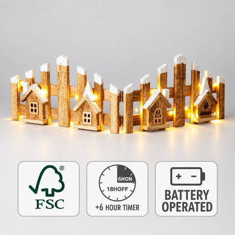 Led zaun mit häusern 76x20cm dekoriert mit rustikalem holzzaun, mini häusern mit schneebedeckten dächern und warmen led-lichtern