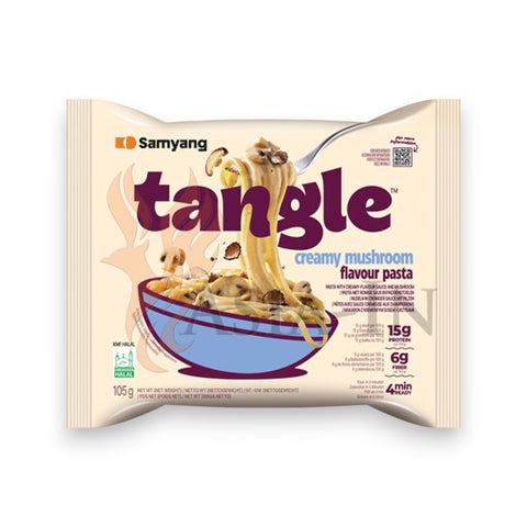 Creamy mushroom flavor pasta samyang tangle 105g in beige purple package with blue bowl and spiral noodles illustration