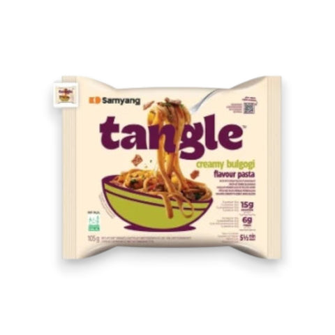 Samyang tangle creamy bulgogi 105g pasta in weiß-lila verpackung mit dampf über den nudeln