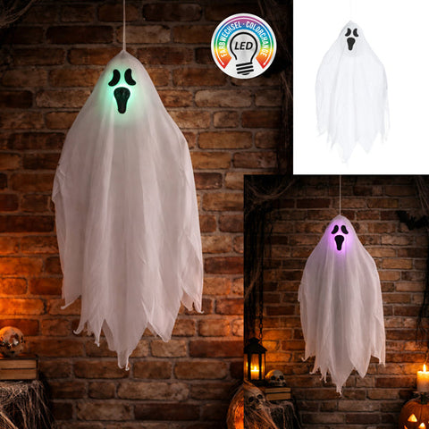 Led-geist zum hängen 50cm weiße durchsichtige glückliche halloween-dekoration mit grün oder lila leuchtendem led-gesicht