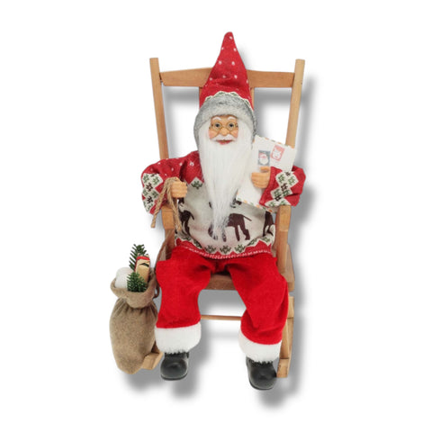 Weihnachtsmann auf stuhl 35cm roter und weißer weihnachtsmann mit gemustertem pullover auf schaukelstuhl aus holz